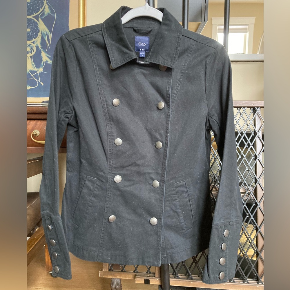 GAP Women's Black Cotton Pea Coat with Silver Buttons